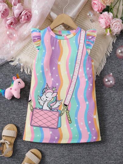 Young Girl Striped & Cartoon Print Round Neck Ruffle Trim Dress
