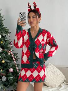 SHEIN Unity Women Christmas Warm & Cozy Plaid Pattern Loose Cardigan & Plaid Mini Sweater Skirt, 2 Pieces Set, Winter Clothes - Red - View 1