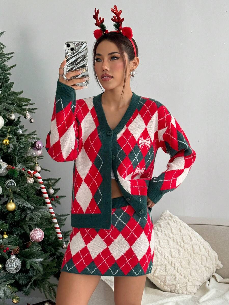 SHEIN Unity Women Christmas Warm & Cozy Plaid Pattern Loose Cardigan & Plaid Mini Sweater Skirt, 2 Pieces Set, Winter Clothes - Red - View 1