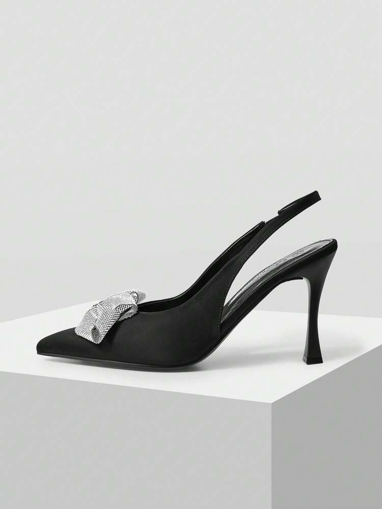 POINTED TOE RHINESTONED BOW SLIP-ON HIGH HEEL SHOES, VALENTINES