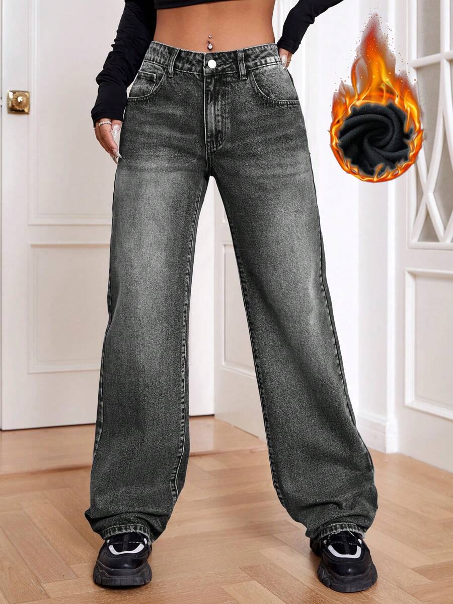 SHEIN EZwear Quần denim ống rộng thường ngày có túi rộng rãi cho nữ, chất liệu denim dày - màu đen - Xem 1