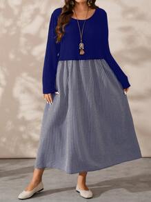 EMERY ROSE Plus Size Round Neck Long Sleeve Plaid Design Elegant Charming Graceful Fall Dress - Navy Blue - View 1