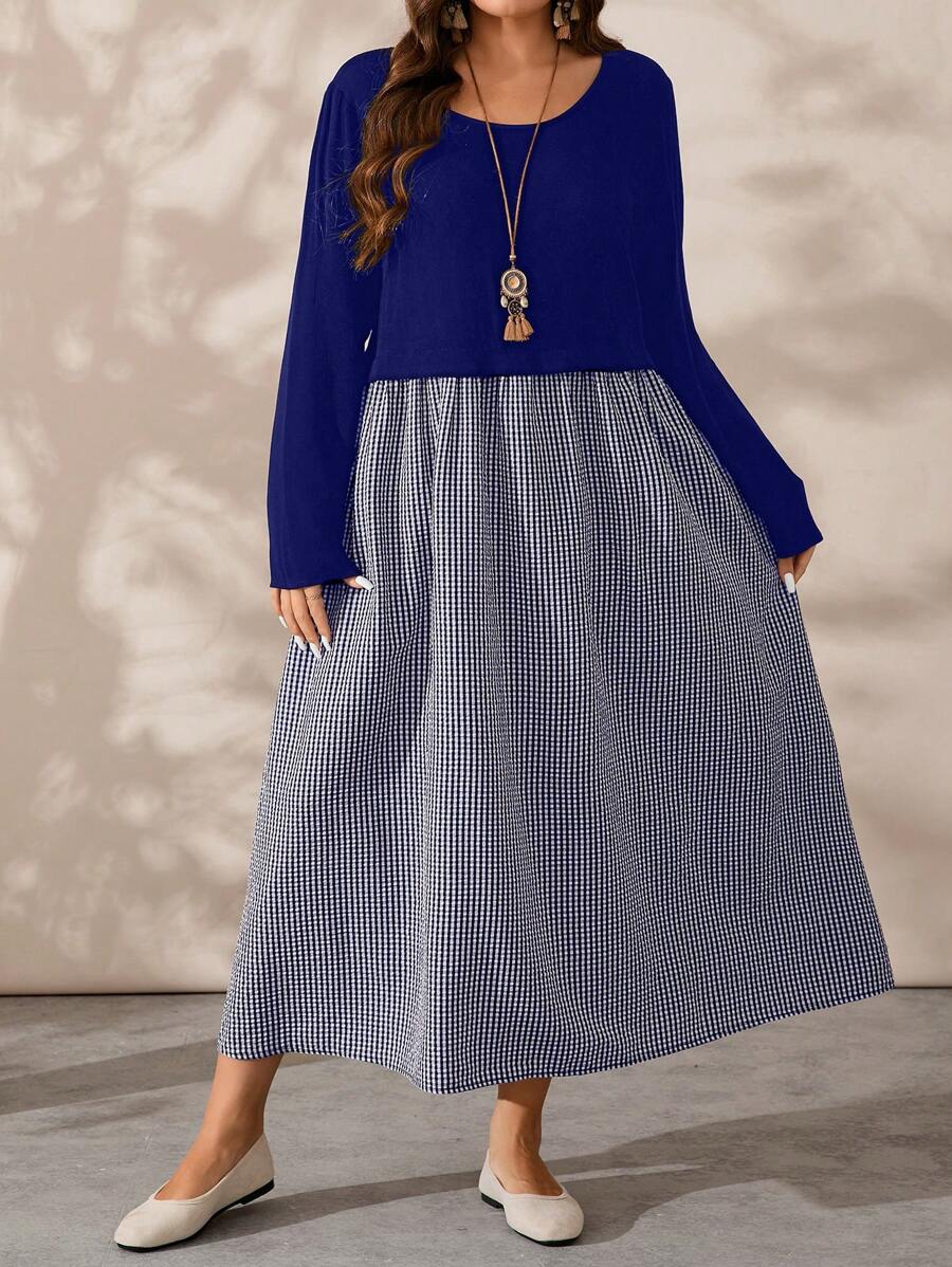 EMERY ROSE Plus Size Round Neck Long Sleeve Plaid Design Elegant Charming Graceful Fall Dress - Navy Blue - View 1