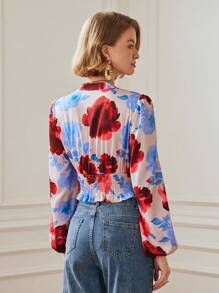 Chiquease Áo cánh ngắn tay đèn lồng cổ chữ V in hoa thời trang cho nữ, mùa thu - Nhiều màu - Xem 2