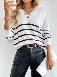 SHEIN LUNE Women's Autumn Striped Dropped Shoulder Long Sleeve Loose Casual Hoodie