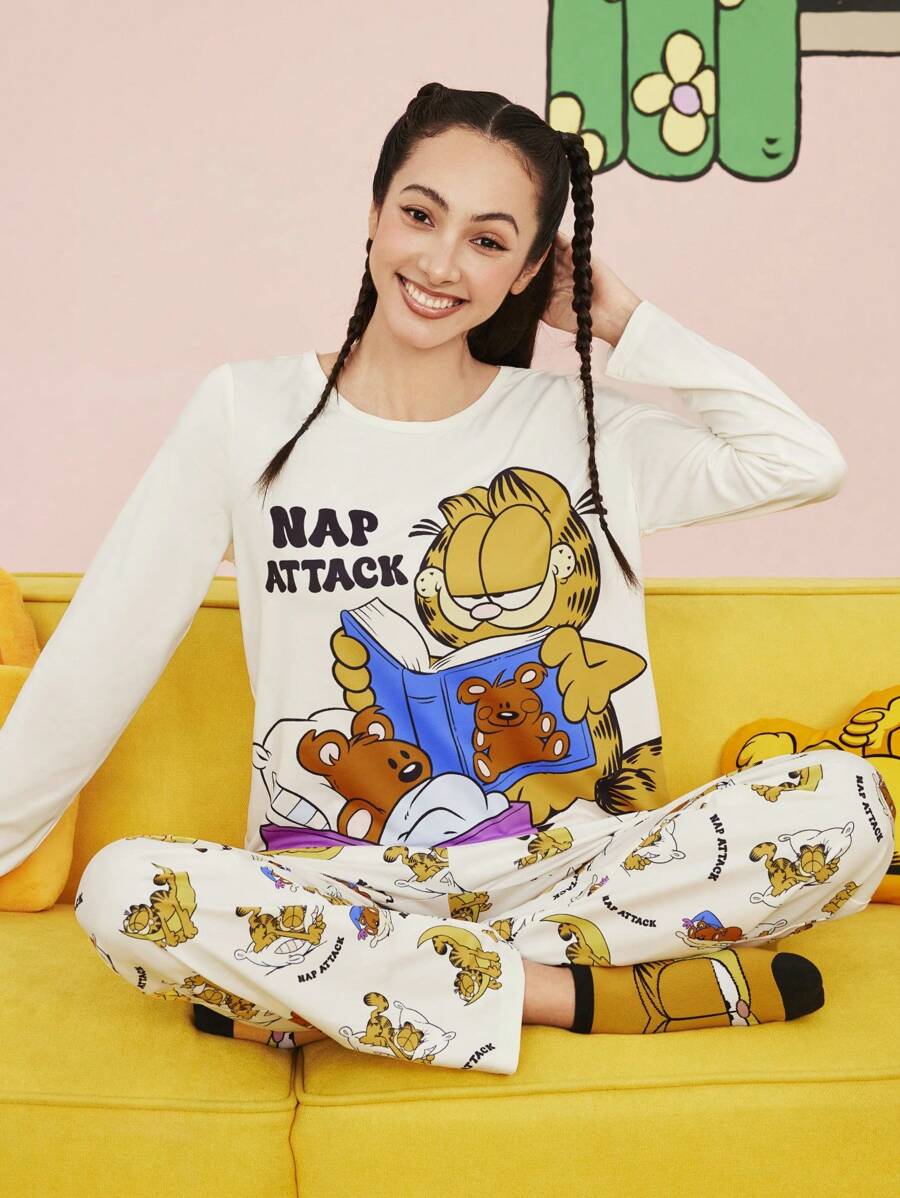 GARFIELD | SHEIN 女士卡通字母印花长袖 T 恤和宽松直筒裤睡衣套装 - 彩色 - 查看 1