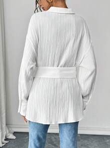 Chiquease Women's Autumn/Winter Waist Belt Decor Textured Shirt - White - View 2