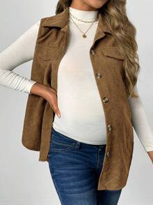 SHEIN Maternity Loose Fit Corduroy Sleeveless Vest Jacket For Autumn, Shirt Not Included, For Winter - Khaki - View 5