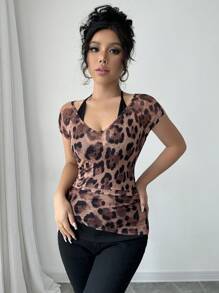 Chiquease V-Neck Leopard Print Ruffle Trim Short Sleeve Casual T-Shirt - Brown - View 4