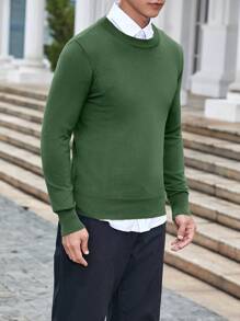 Manfinity Homme 男士休闲简约纯色修身毛衣（不含衬衫） - 軍綠色 - 查看 6
