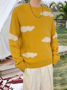Claim Dot 男士图案印花圆领休闲长袖毛衣 - 黃色 - 查看 1