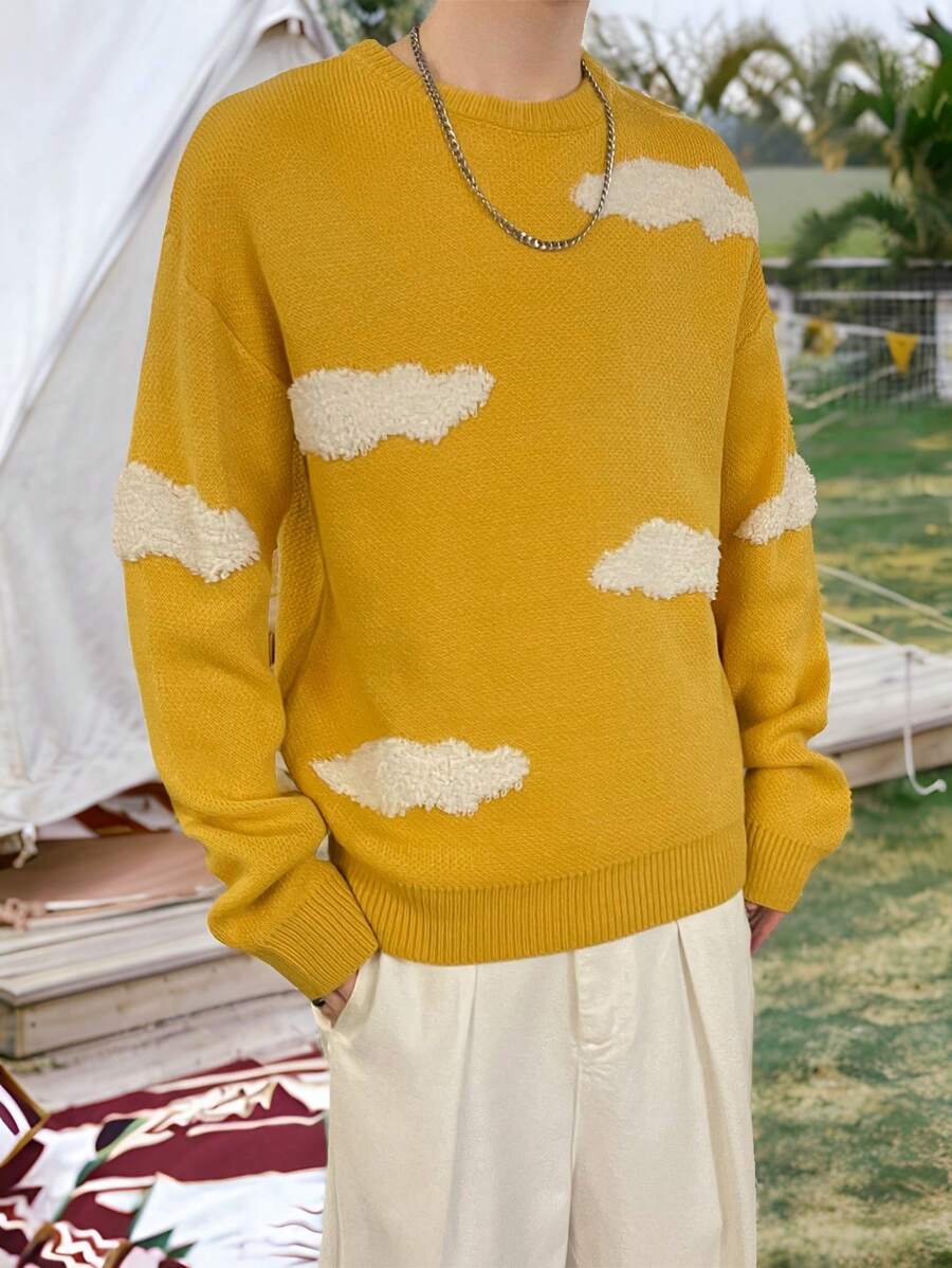 Claim Dot 男士图案印花圆领休闲长袖毛衣 - 黃色 - 查看 1