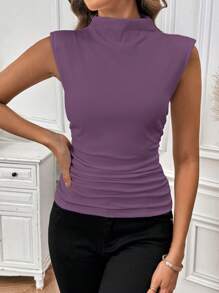 SHEIN Clasi Women Minor Stand Collar Solid Ribbed Form-Fitting Pleated Camisole Top - Purple - View 5