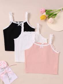 3pcs Girls Elegance Casual Floral Lace Patchwork Ribbed Camisole Underwear Set