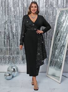 Gownix Curvy Plus Size Women's Glitter Fabric Elegant V Neck Long Sleeve Ruffle Patchwork Dress, Guest And Party Dress - Black - View 8