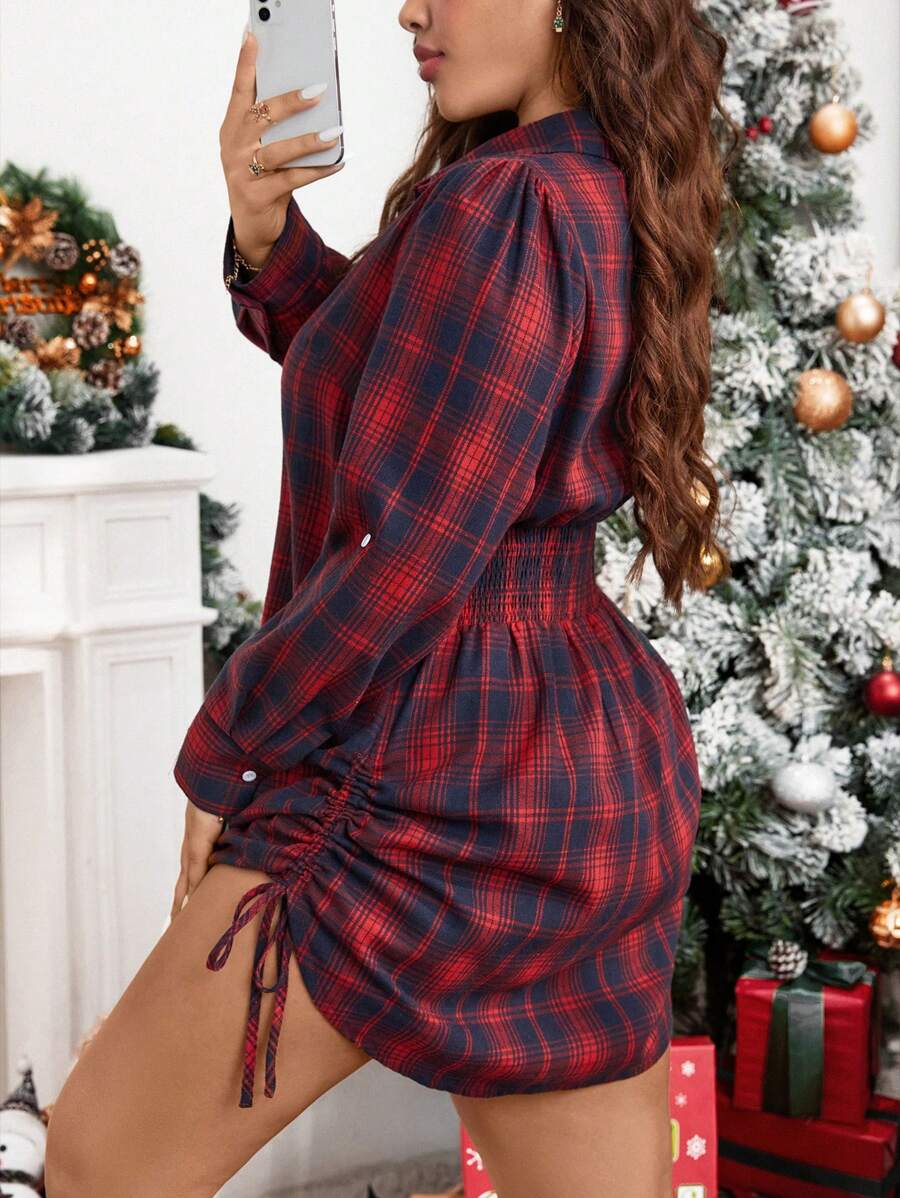 SHEIN LUNE 格纹侧抽绳侧扣衬衫裙 - 彩色 - 查看 1