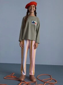 SHEIN Áo nỉ chui đầu dệt kim tay tròn họa tiết núi cho bé gái tuổi mới lớn dành cho các hoạt động ngoài trời hàng ngày, mùa thu/đông - màu xanh lá - Xem 5