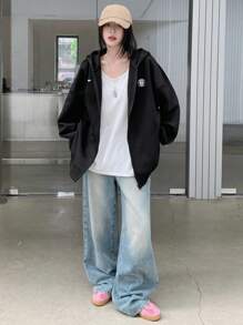 DAZY 女士休闲字母印花保暖内衬连帽衫运动衫，秋冬，长袖上衣，秋季女装拉链夹克 - 黑色 - 查看 9