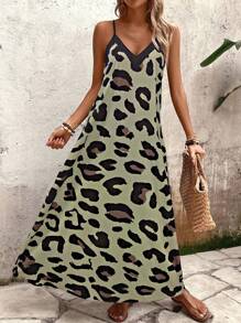 EMERY ROSE 细肩带豹纹长裙，女士休闲日常穿着长款女装 - 墨綠色 - 查看 5