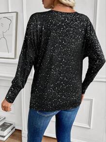 EMERY ROSE LUNE Draped Collar Pleated Glittery Long Sleeve T-Shirt Women Tops For Spring Fall - Black - View 2