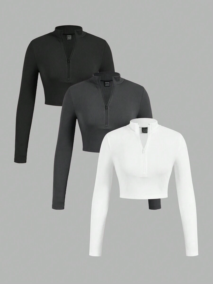SHEIN EZwear Bộ 3 áo thun cổ lọ tay dài vải gân có khóa kéo cho nữ, phù hợp cho mùa xuân/thu - Nhiều màu - Xem 1
