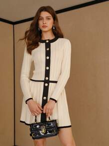 MOTF STUDIO 对比色镶边金色纽扣门襟修身剪裁网眼针织开衫 - 米色 - 查看 4