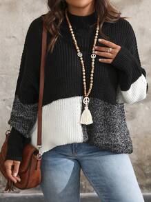 SHEIN LUNE Plus Size Color Patchwork Stand Collar Long Sleeve Pullover Casual Sweater Knit Pullover Fall Winter - Multicolor - View 5