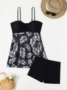 Swim Lushoire Tropical Print Drawstring Swim Dress,Summer Beach - Black and White - View 6