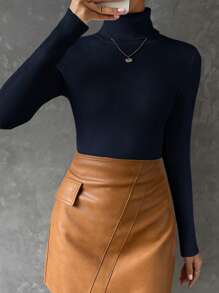 SHEIN Essnce Casual Solid Color Slim Fit Turtleneck Long Sleeve Sweater, Autumn/Winter - Navy Blue - View 3