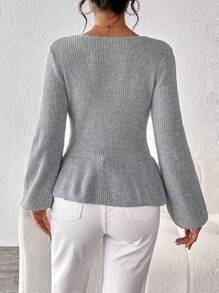 Chiquease Áo len tay loe xoắn màu trơn đơn giản cho nữ, mùa thu/đông - Xám - Xem 2