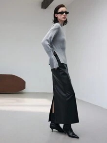 Ontre 女士复古优雅休闲 6% 羊毛圆领毛衣，喇叭袖口，侧开衩，灰色，适合秋季、新年， - 灰色 - 查看 2