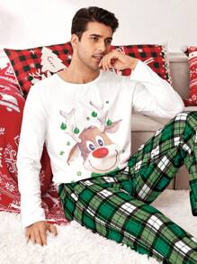 CoupledUp Christmas Couples Funny Cartoon Elk & Green/White Plaid Pattern Men Pajama Set - Green - View 5