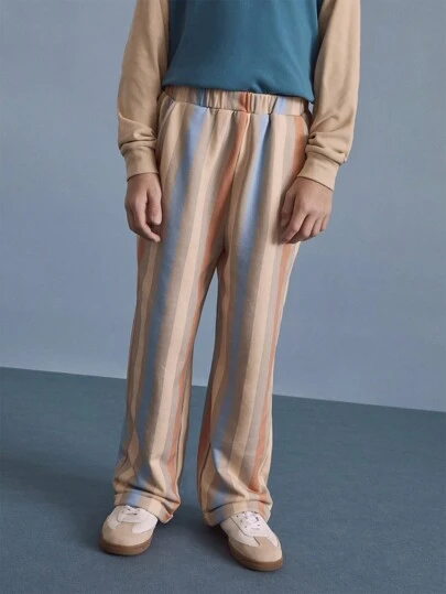 SHEIN Tween Boys Colorful Striped Knit Sweatshirt And Elastic Waist Straight Leg Pants Set, Autumn/Winter