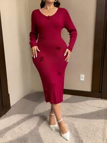 SHEIN Privé Plus Size Women Thermal Red Floral Print Bodycon Midi Dress, Elegant & Romantic For Party, Tea Time, Christmas Occasion, For Winter - Red - View 6