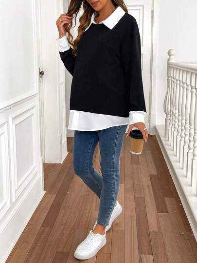 SHEIN Jersey de maternidad de unicolor con parches, de manga larga y diseño sencillo, informal para uso diario en invierno