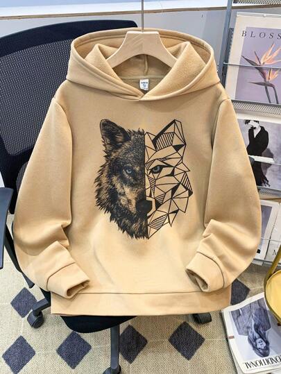 SHEIN 1件青少年男童休闲街头风狼印花宽松针织连帽卫衣，舒适保暖，适合派对礼物、返校季、秋冬季穿着。