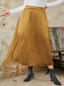 Plus Size Elastic Waist Pleated A-Line Skirt, Casual Everyday Wear, Autumn Fall Cloth For Women - Gold - View 3