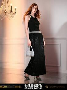 The Great Gatsby x MOTF RHINESTONE DETAIL SEQUIN FUZZY HEM HALTER NECK LONG DRESS - Black - View 2