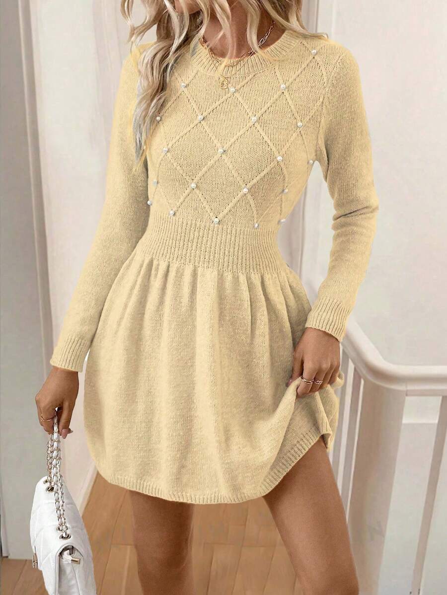 SHEIN Unity 欧式秋冬时尚设计串珠3D花卉图案圆领收腰修身蓬蓬A字短款混纺纱连衣裙 - 卡其色 - 查看 1