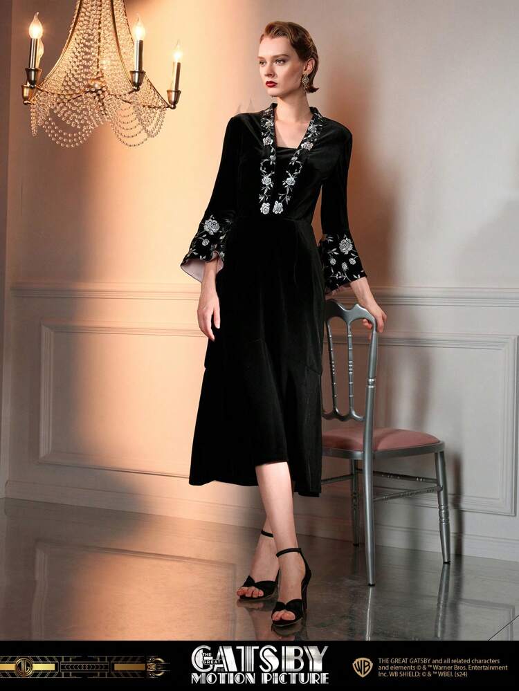 The Great Gatsby x MOTF Robe mi-longue à manches évasées avec motif floral brodé