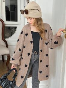SHEIN Serisse Kids Tween Girls Frenchy Heart Pattern Drop Shoulder Cardigan, Back To School, Daily Wear For Fall/Winter