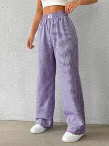 Flirla Elastic Waist Striped Print Casual Loose Pants Fall Cloth For Women - Purple - View 6