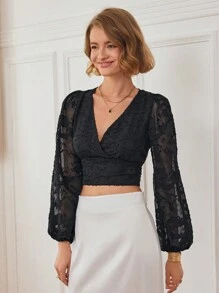 SHEIN Unity Women Elegant Solid Color Cut-Out Lantern Sleeve Cropped Blouse, Autumn Fall Cloth For Women - Black - View 3