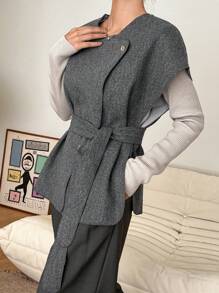 Dazy-Less Áo khoác vest không tay hai hàng khuy cho nữ, màu trơn, phong cách cổ điển dành cho mùa thu đông, trang phục công sở cho nữ - Màu Xám nhạt - Xem 3