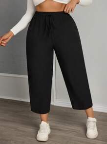 SHEIN PETITE CURVE Quần dài nữ cỡ lớn màu trơn, cạp cao kiểu túi giấy, thích hợp cho mùa xuân, thanh lịch, cạp cao, quần đen thường ngày, quần ống rộng. - màu đen - Xem 3