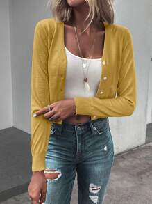 SHEIN LUNE Áo Cardigan lửng cài nút phía trước màu trơn giản dị mùa thu - Màu vàng - Xem 4