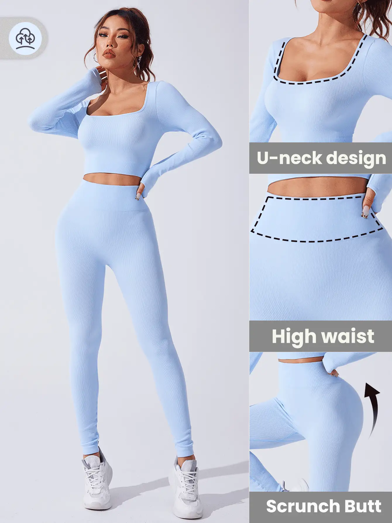 SHEIN Sovereign Charm 女士纯色长袖罗纹 T 恤和紧身裤无缝弹力运动服套装女士健身套装女士紧身裤套装 - 淺藍色 - 查看 2