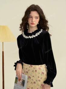 Simple Retro Women's Autumn And Winter Casual Small Collar Collision Splicing Black Retro Elegant Fit Long-Sleeved Shirt