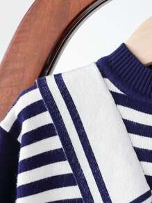 Young Girl College Style Girls Colorblock Striped Navy Sailor Collar Patchwork Navy & White Knit Dress, Suitable For School And Outings. - Navy Blue - View 4