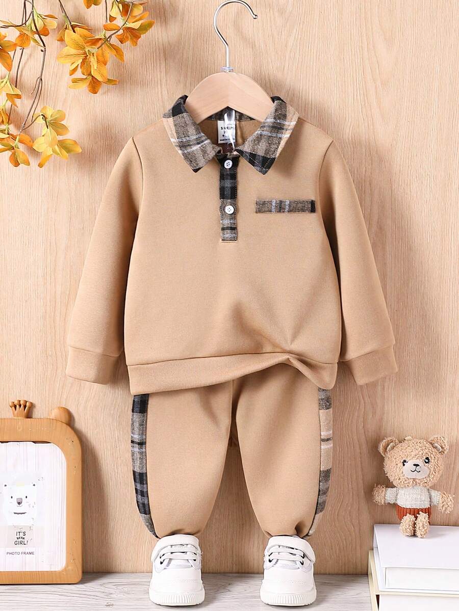 SHEIN Bộ 2 quần yếm kẻ caro cổ đứng màu kaki cho bé trai, áo thun kẻ caro tương phản, có khóa kéo phía trước và quần bo gấu ở mắt cá chân, phong cách Anh cổ điển, trang phục thường ngày - Màu Khaki - Xem 1